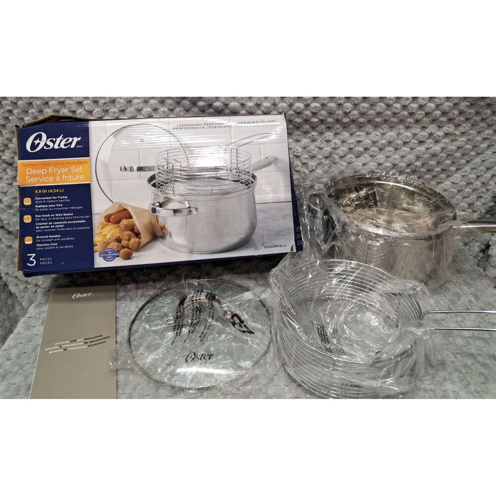 New Oster Sangerfield 3pc Deep Fryer Set 4.8 QT Stainless Steel With Basket Lid